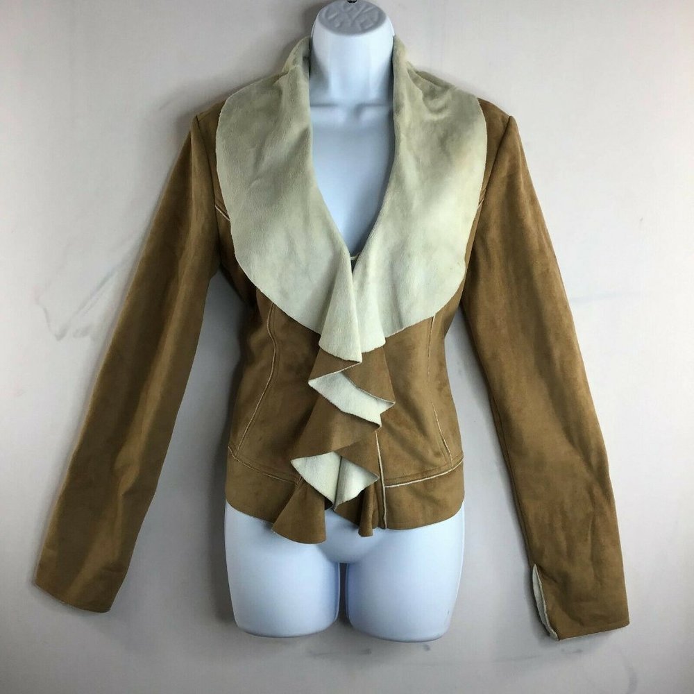 Au Lieu Womens Tan Brown Cardigan Sweater Ruffle Shawl Neck Long Sleeve Size S